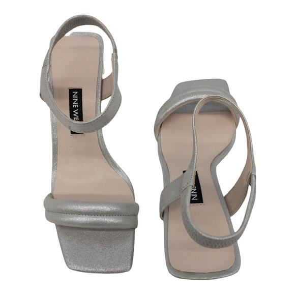 Nine West Dark Silver Metallic Urgreat Square Toe Leather Ankle Strap Sandals 5 - Picture 9 of 14